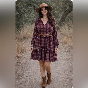 Boheme Long Sleeve Dress in Burgundy and White